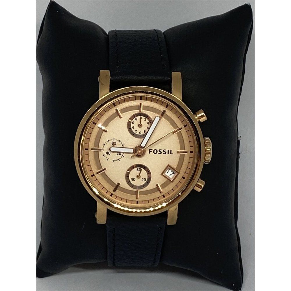 Fossil ES3380 Women Black Leather Rose Gold Analog